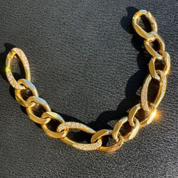 New 18k yellow gold 1.04CTW natural diamond Figaro fashion bracelet 8” 15.7mm