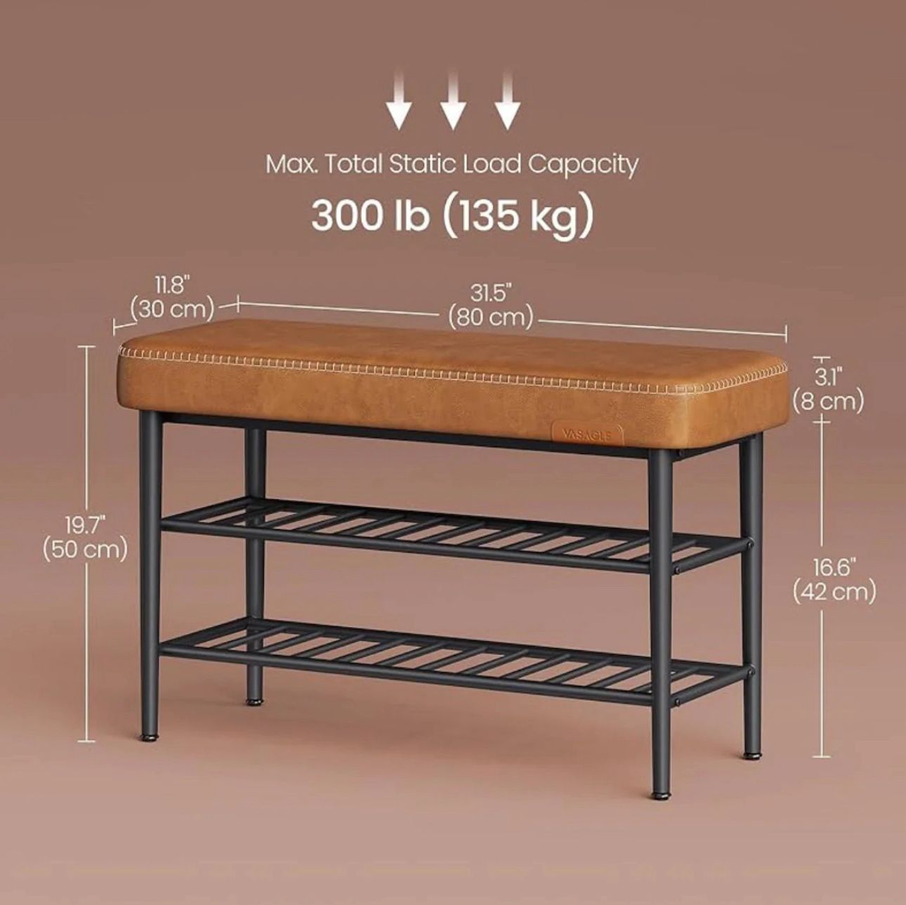 VASAGLE Shoe Rack Bench Storage Entryway Leather w/ Stitching Mid Century Modern - Caramel Brown