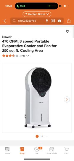 470 CFM, 3 speed Portable Evaporative Cooler and Fan for 250 sq. ft. Cooling Area