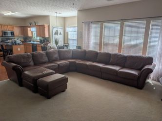 Large Brown Leather Sectional Sofa with Ottoman