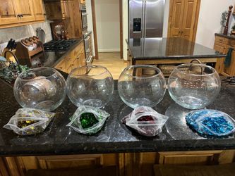Round Glass Fish Bowls with Colored Glass Stones - Set of 4