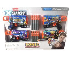 NEW ZURU Sonic Hedgehog SKINS X-Shot dart/play 4 guns 24 foam bullets Gift Set.  Air Pocket Technology. Shots up to 80 ft. Recommended ages 8 and up. 