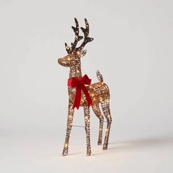 WONDERSHOP Faux Rattan LED LIT BUCK w/ Red Bow Christmas Novelty 45" Warm White