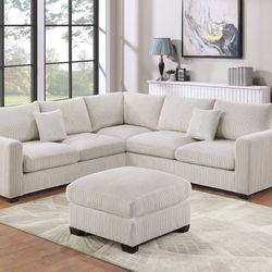 Brand New 99" x 99" Super Soft Biege Corduroy Sectional + Ottoman