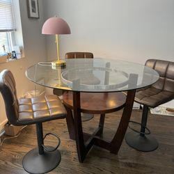 Stylish Round Glass Top Dining Table with Storage + 3 Faux Leather Bar Stools