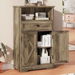 Floor Cabinet, Farmhouse Storage Cabinet with Barn Doors and Drawers Grey 11.81" D x 23.62" W x 39.37" H Freestanding Adjustable Shelf Organizer for B