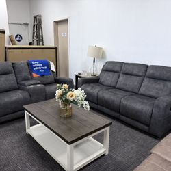 2 Pc Dark Gray Sofa & Loveseat Reclining Set - EZ $10 Down Payment Options Available 