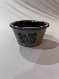 1997 Vintage Rowe Pottery Works Small Crock Hand Painted with Blue Flower