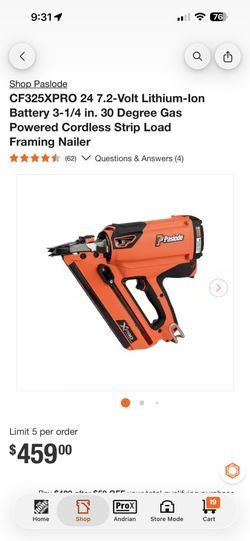 Paslode CF325XPRO 24 7.2-Volt Lithium-Ion Battery 3-1/4 in. 30 Degree Gas Powered Cordless Strip Load Framing Nailer