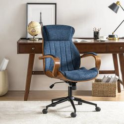 Luxurious Ergonomic Office Chair Executive Swivel Rocking Wood Desk Chair with Padded Cushion Navy
