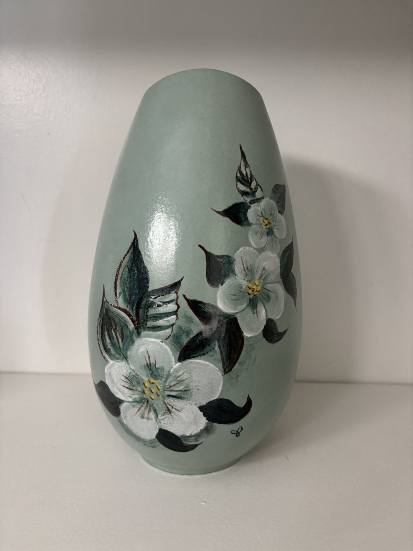 Vintage Mcm Teal Ceramic Vase With Hand Painted Flowers And Marked
