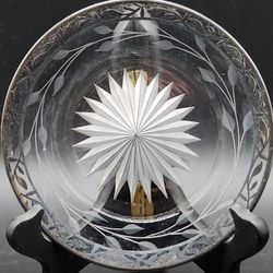 Antique Starburst Intaglio-Cut Glass Plate with Silver Overlay