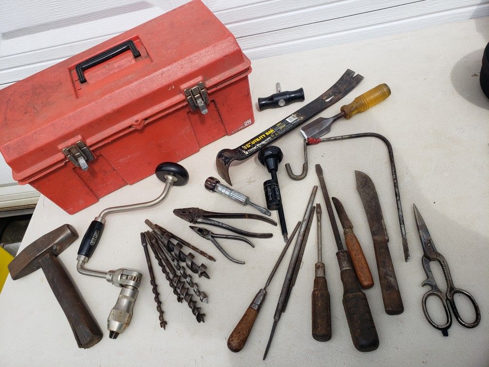 Fuller Ratcheting Hand Drill, Hammer, Pliers, Pry Bar and Other with Toolbox