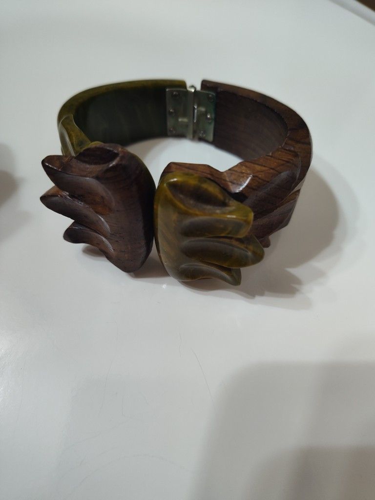 Wooden And Green Bakelite Bracelet