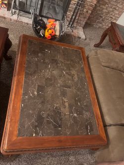 Cherry Wood & Stone Inlay Tables – Matching Set