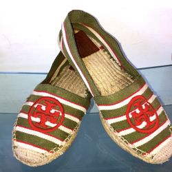 Tory Burch Green / Red Striped Canvas Espadrille flats
