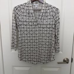 Charter Club Blouse Top Womens PM White Polka Dots V-Neck Long Sleeve Pullover