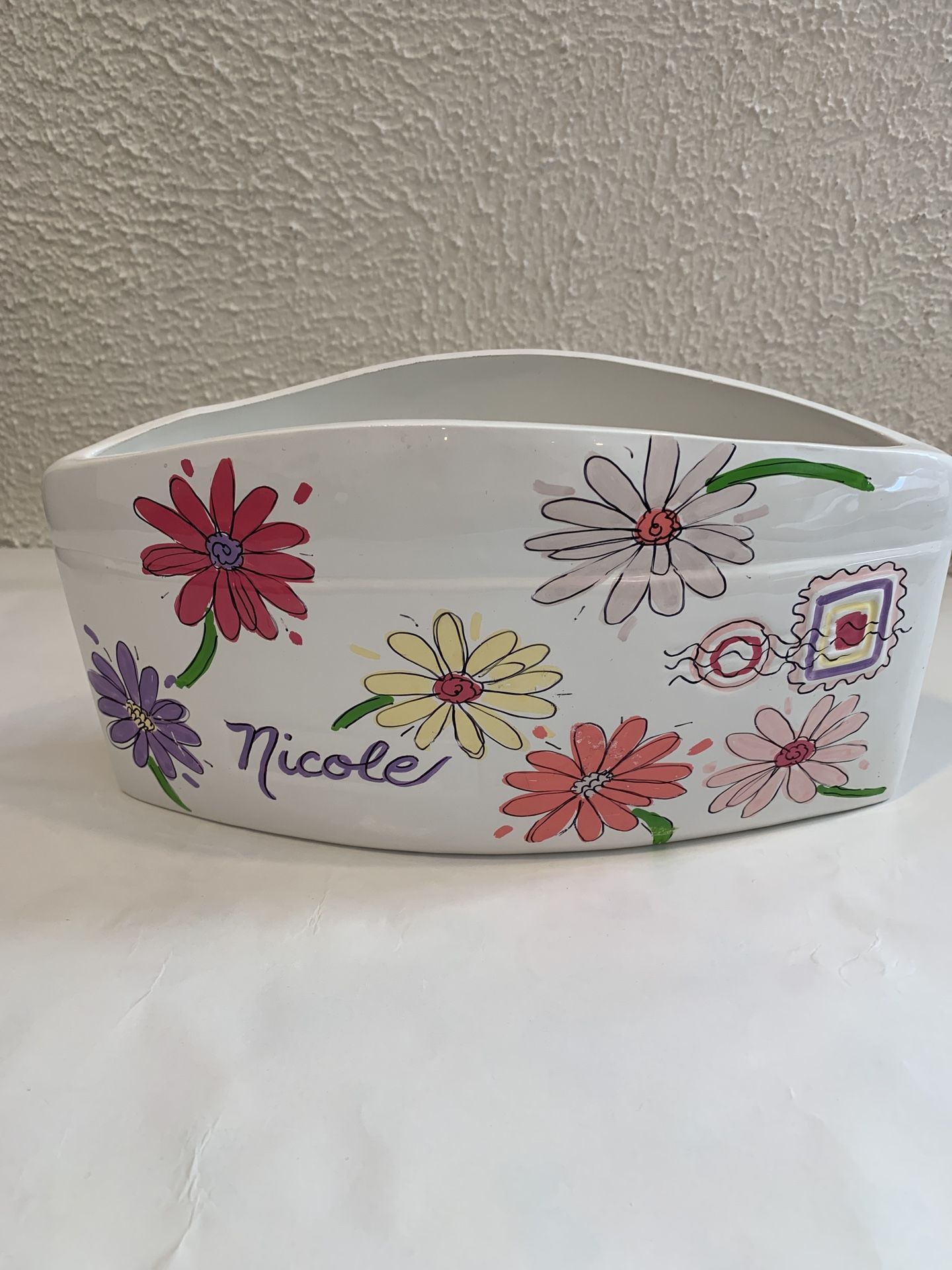 Hand painted customized porcelain envelope holder with name Nicole 6” tall x10.5” w It is beautifully hand painted with flowers. You can also use it