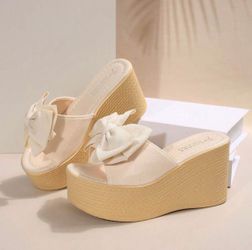 Women's Beige Bow Wedge Platform Sandals Size 35