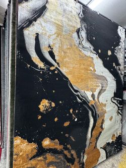 Abstract Marble Area Rug Black Gold Silver
