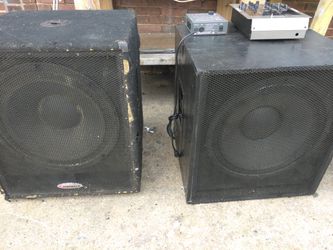 DJ equipment assorted 18in woofers amplifiers equalizers mixers Etc