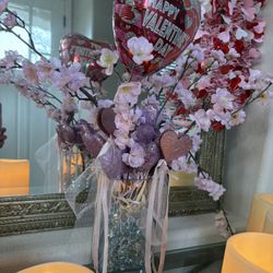 Valentines Day pink heart Artificial flowers with balloon, wood hearts & foam hearts - Simi Valley 