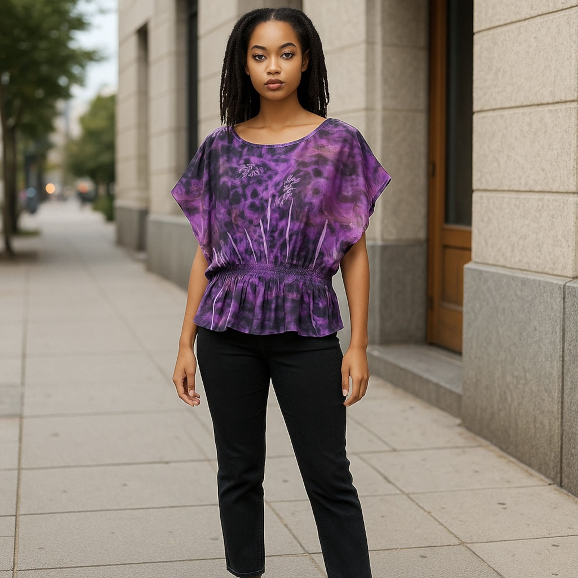 Worthington Purple Black White Leopard & Abstract Print Peplum Tunic Top Women 3X