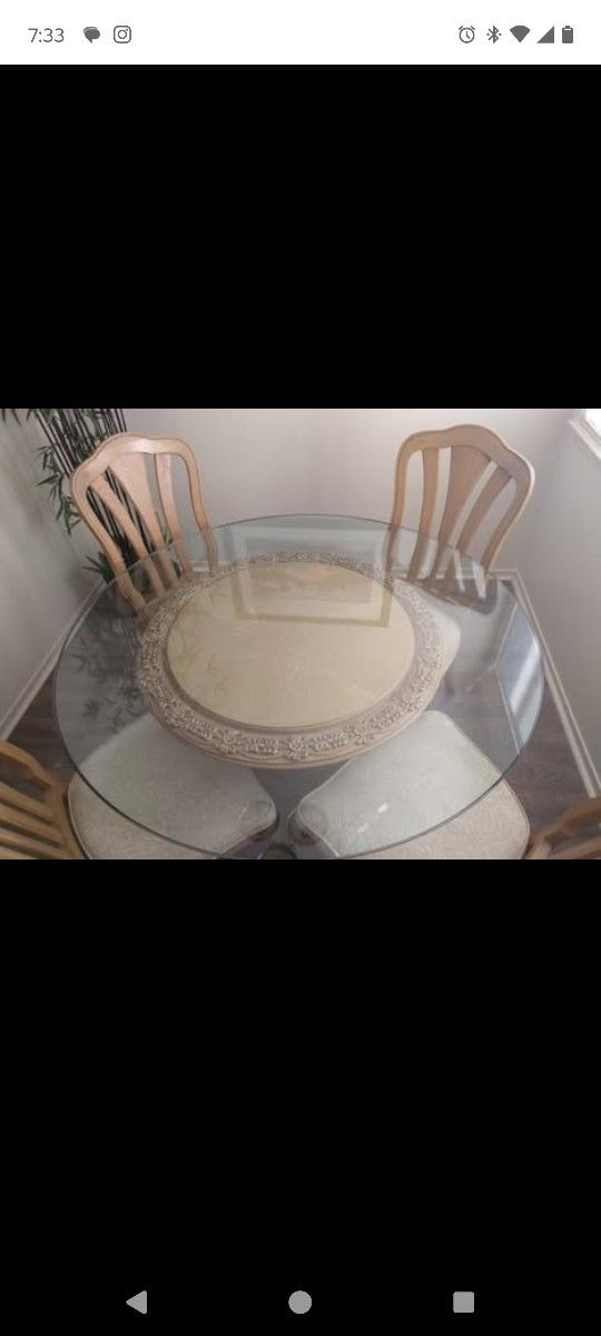 Dining Table with Glass Top and Carved Wood Base + 4 Chairs
