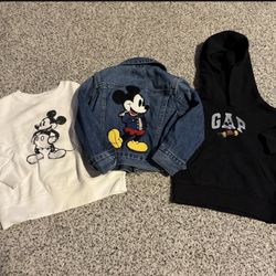 Gap Disney Mickey Mouse Kids Youth 3 Toddler 3t Denim Jean Jacket Unisex + Black Gap Hoodie 3t + FREE Uniqlo Mickey Sweater Sweatshirt 3/4