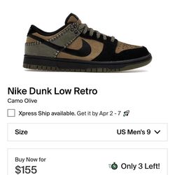 Nike Dunk Low Retro Camo Olive Size 9M