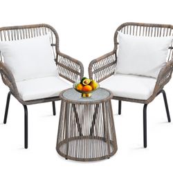 3 Pieces Rattan Wicker Bistro Set, Outdoor Conversation Set, Wicker Furniture Set with Glass Top Table, Space Saving for Balcony, Backyard, Natural  B