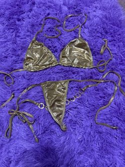 New Small gold metallic bikini y2k festival dance raver swimsuit outfit chain thong