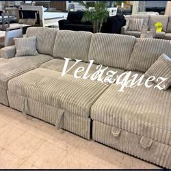 ✅️✅️3 pc Ash grey corduroy fabric sectional sofa with double storage chaise and pop up sleep area in center✅️