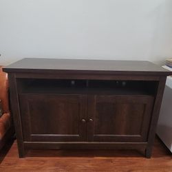 Dark brown TV stand media console with cabinets & shelves