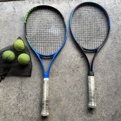 Pair of Used Head Tennis Racquets (Blue/Green & Blue/Red) - Sizes 4-1/8 & 4-3/8 - Includes 3 Balls