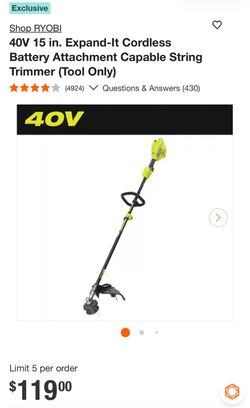 RYOBI 40V 15” Expand-It Cordless String Trimmer – Tool Only
