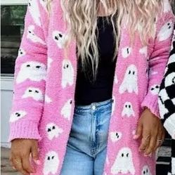 NEW and SOFT Cozy Pink Ghost Print Cardigan 