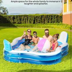 QPAU Inflatable Swimming Pool with 2 Seats and Backrests, 80" L x 80" W x 27" D Large Full-Sized Family Pools for Kids and Adults for Backyard, Garden