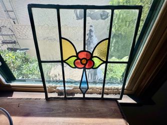 Vintage 1920s or 1930s Leaded Stained Glass Window with Floral Art Deco Design - 16x16”