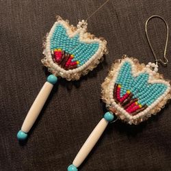 Lot Of 4 Indigenous Beaded New Earrings ttes  New &Two New Leather Barrets W/Indigenous Design 