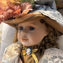 Large 29” Porcelain Doll w/ Box, Certificate & Stand 