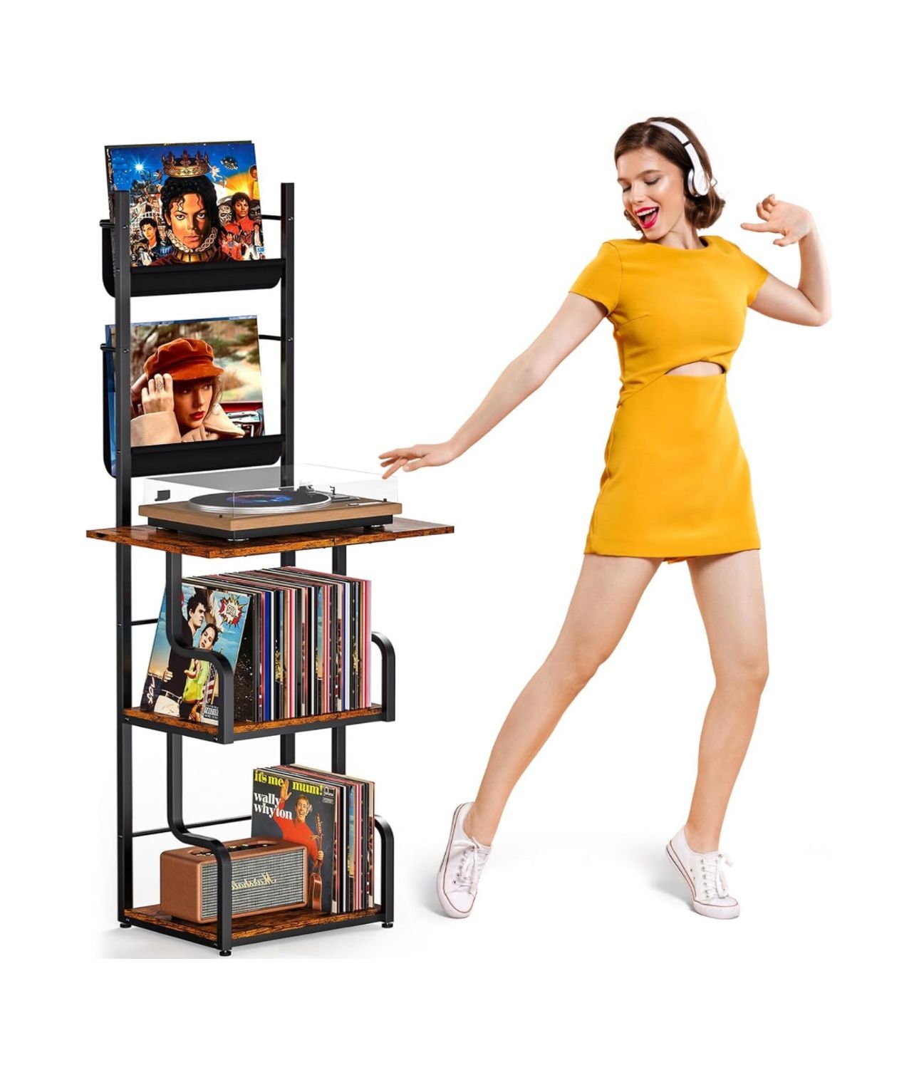 Turntable Stand with Storage Shelves