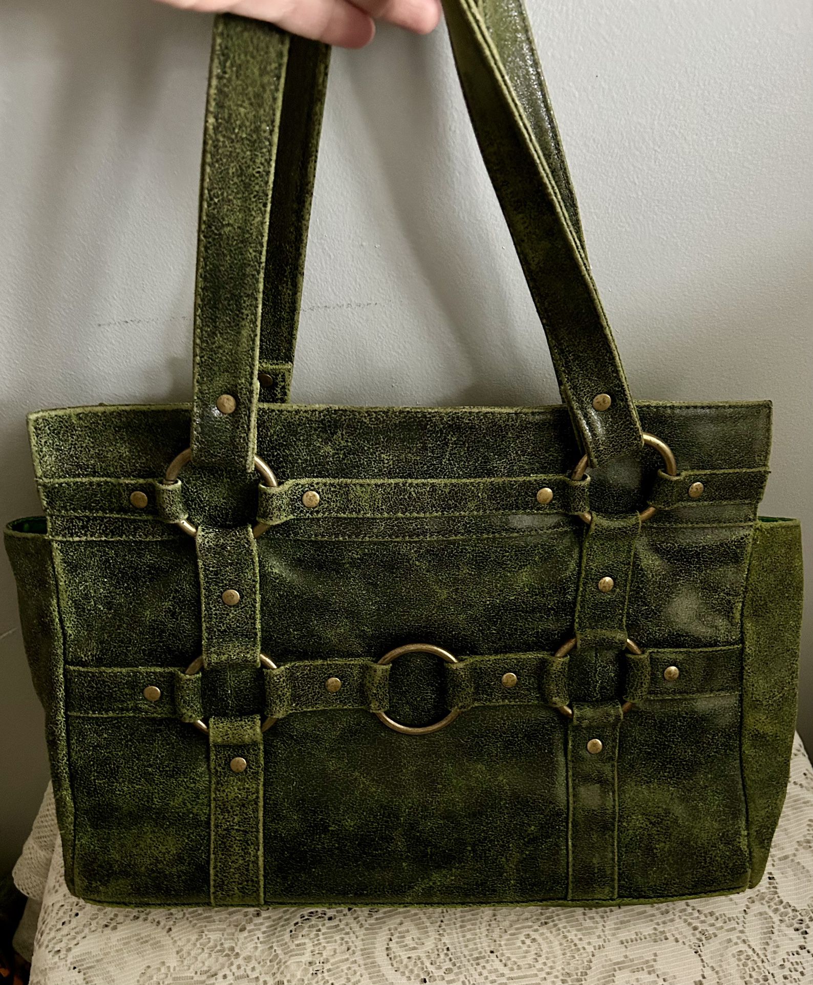 Vintage Distressed Jasmine By Cindy Newman Emerald Green  Leather Tote