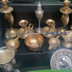 Assorted Brass Pewter And Silver Candle Holders And Ash Trays 