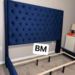 Blue Velvet 6ft Tall Bed Frame King Size 