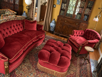 Large 1920s–30s Antique Art Deco / Art Nouveau Sofa & Chair + Matching Ottoman – Down Filled