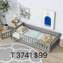 Merax Twin Size Wood Floor Bed Frame with Fence and Door (3741)