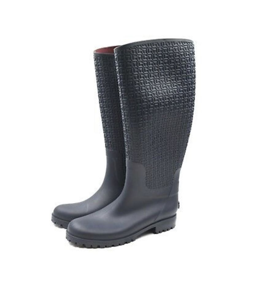Tommy Hilfiger Women's Tall Rubber Monogram Textured Rain Boots Waterproof