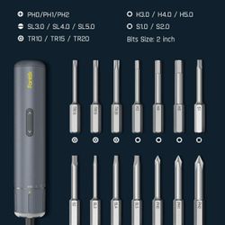 S1 Pro 3.7V Electric cordless Screwdriver, Power 14 S2 Steel Bits, 3 Torque Settings, Max 6 N.m, 2000mAh Battery, LED Light, 1/4''Hex,