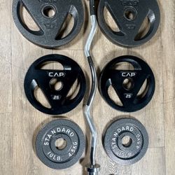 Olympic Equipment: Silver Curl Bar With Cooper Bearings & Weight Plates Pairs Of  35s, 25s And 10 Pounds   (Total: 160 lbs)